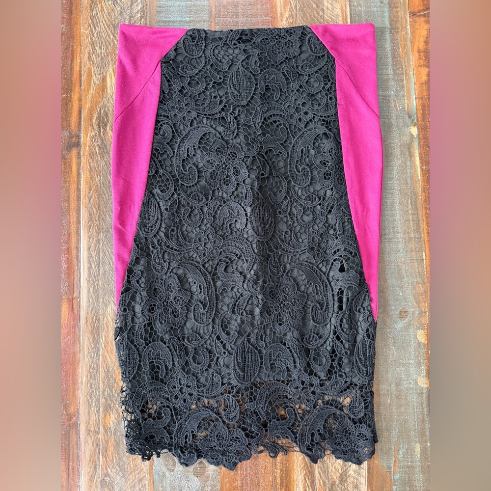 NWT Sociology Women’s XL Black And Pink Lace Midi Pencil Skirt | 0067